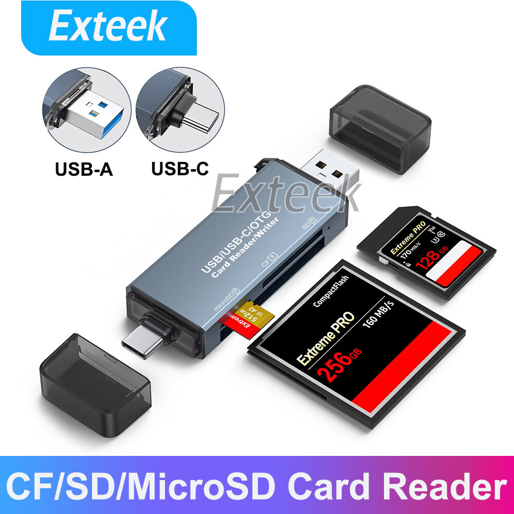 3-in-1 CF/SD/MicroSD 3-Slot Card Reader USB-A USB-C CompactFlash Adapter Plug