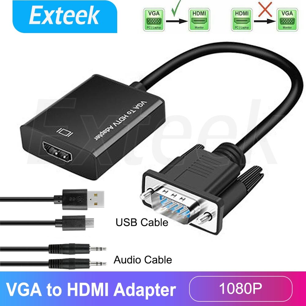 VGA Male to HDMI Female Converter Adapter 1080P Stereo Audio USB Power Black
