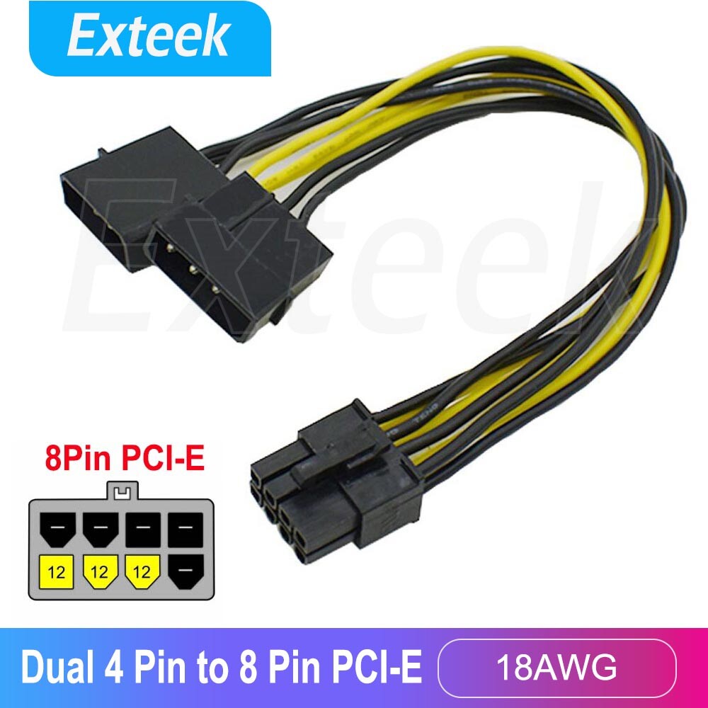 12V PCI-E Express Video Card Power Cable Adaptor Dual Molex 4 Pin to 8 Pin