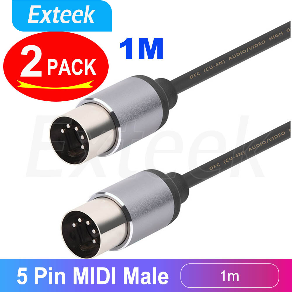 2 Pack MIDI 5-Pin DIN Male Patch Cables 1M Black Portable Synthesizer Sampler