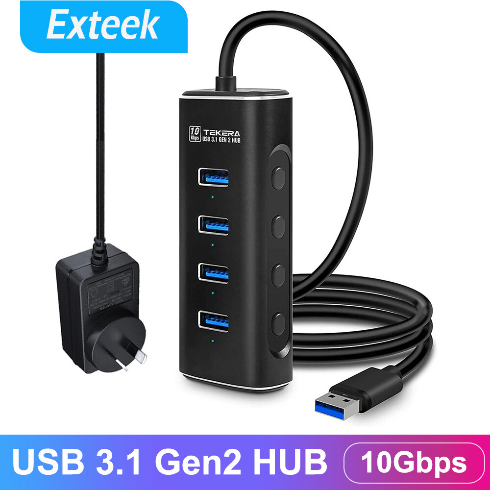 TEKERA 4-Port USB 3.1 Gen2 Powered Hub 10Gbps 1m Cable AU Individual Switches