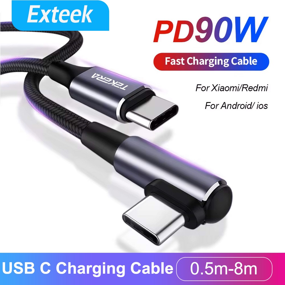TEKERA USB-C Cable 90 Right Angle Charging 100W 480Mbps Braided 8m Universal