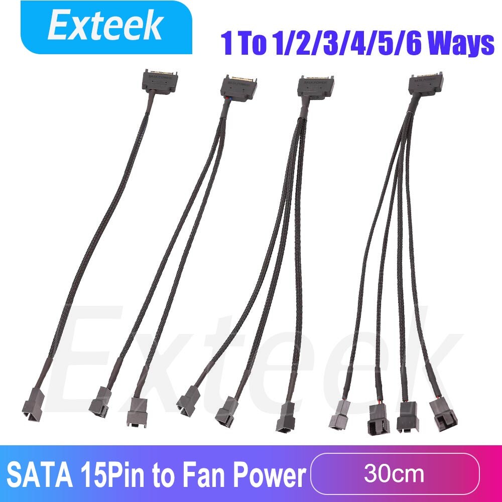 SATA 15 Pin to 1/2/3/4/5/6 Way 3PIN/4PIN PC Fan Power 30cm Black Sleeved Cable