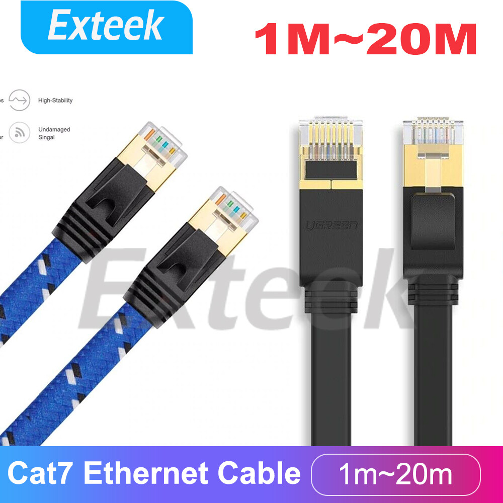 CAT7 Ethernet Patch RJ-45 10Gbps Flat LAN Cable 1m Braided Blue 600MHz Shielded