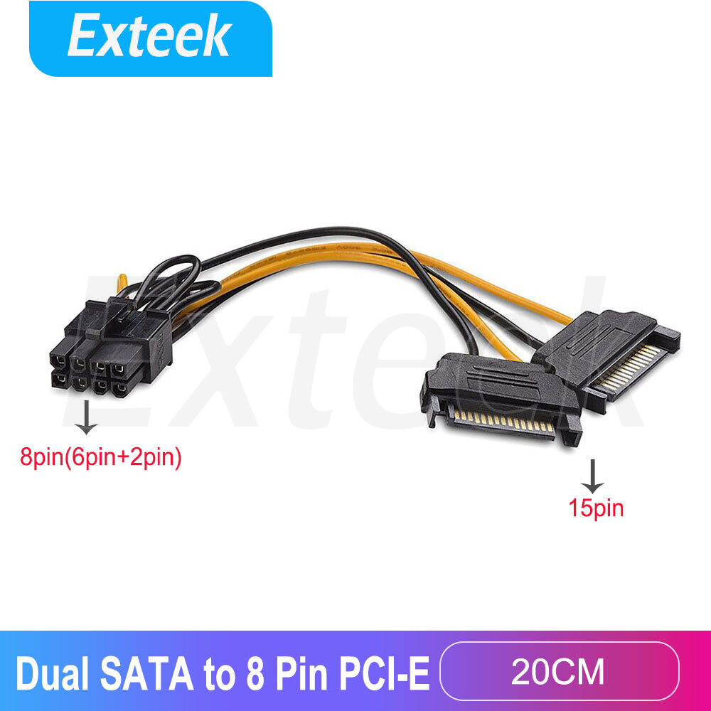Dual SATA 15Pin Male to PCI-E 8Pin Video Card Power Cable 20cm Black Universal