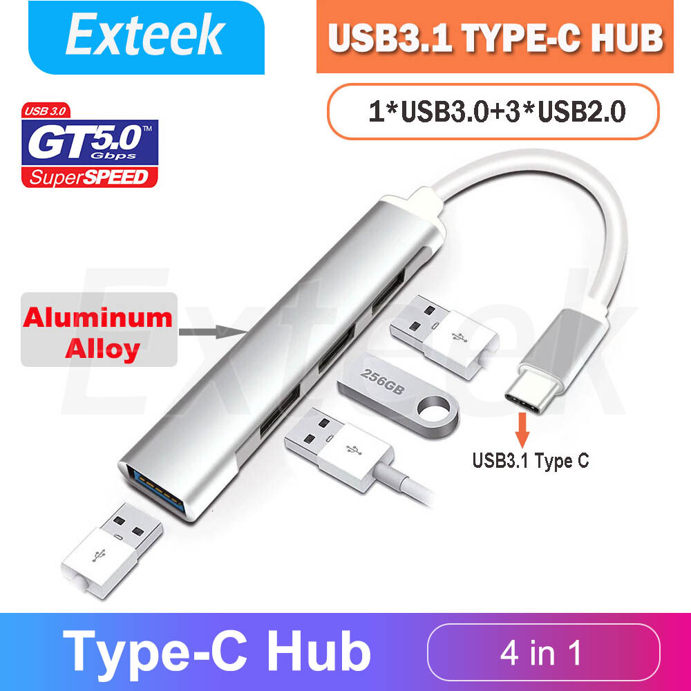 USB HUB 4-Port USB 3.0 Multi-Splitter OTG Adapter Silver Universal PC Mac