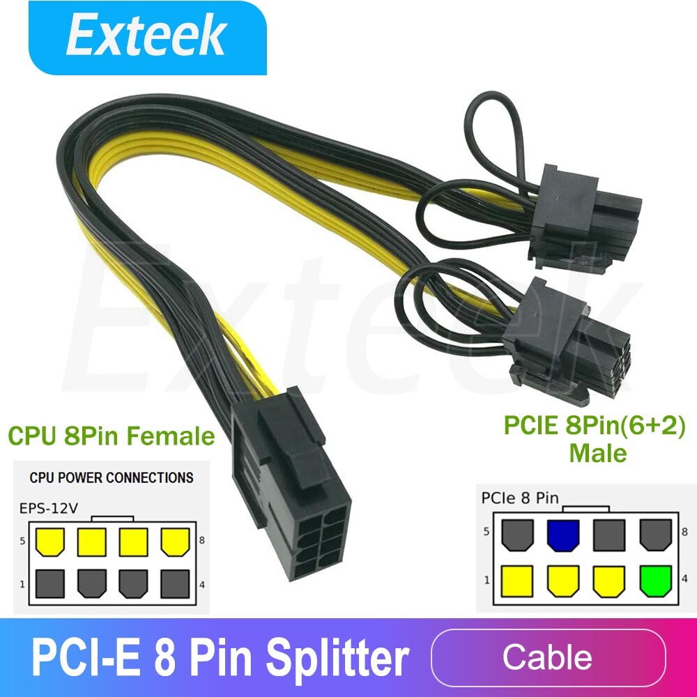 CPU to GPU 8 Pin Female Dual PCIe 6 2 Male Power Splitter Cable 18AWG 300w