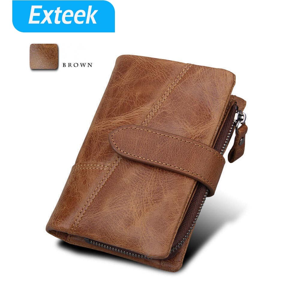 Men&apos RFID Blocking Wallet Genuine Leather Brown Trifold Zipper Card Slots