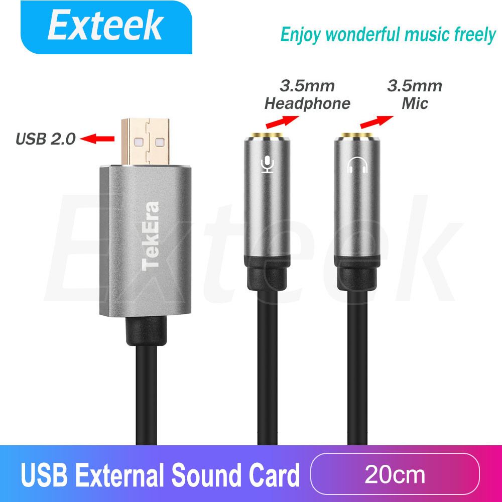 TekEra USB 2.0 Stereo Sound Card 3.5mm Headphone Microphone Adapter Black 15cm