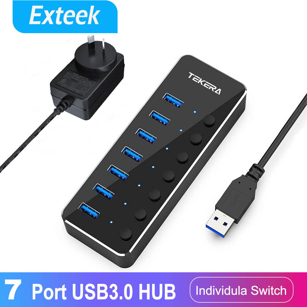 TEKERA 7 Port USB 3.0 Powered HUB 5Gbps Data Transfer On/Off Switches Aluminum