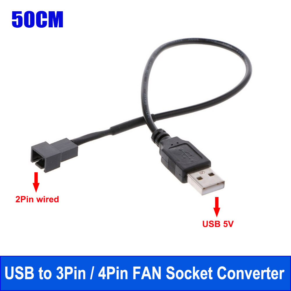 USB 2.0 male 5V Power Cable Adapter 3Pin/4Pin Case Cooling 50cm Black Universal