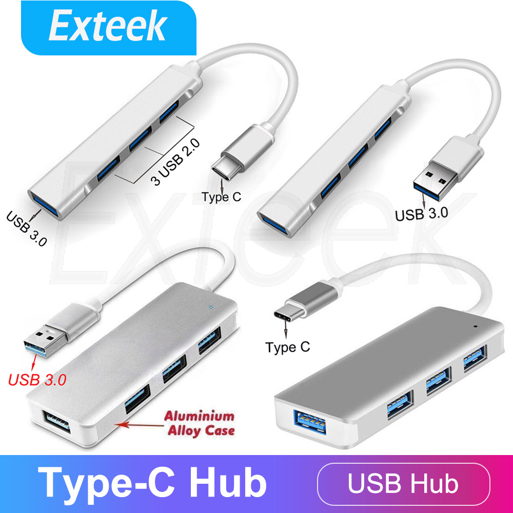 USB-C Type-C 4-Port Hub 1x USB3.0 3x USB2.0 5Gbps Silver Aluminium Alloy 5V