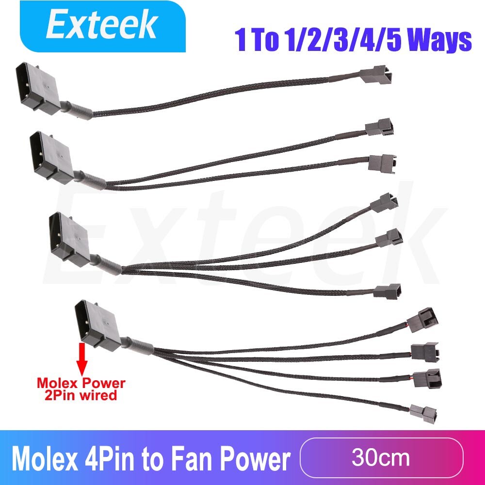 4Pin Molex LP4 to 3Pin/4Pin Fan Power Cable 12V 4-Port Splitter Black