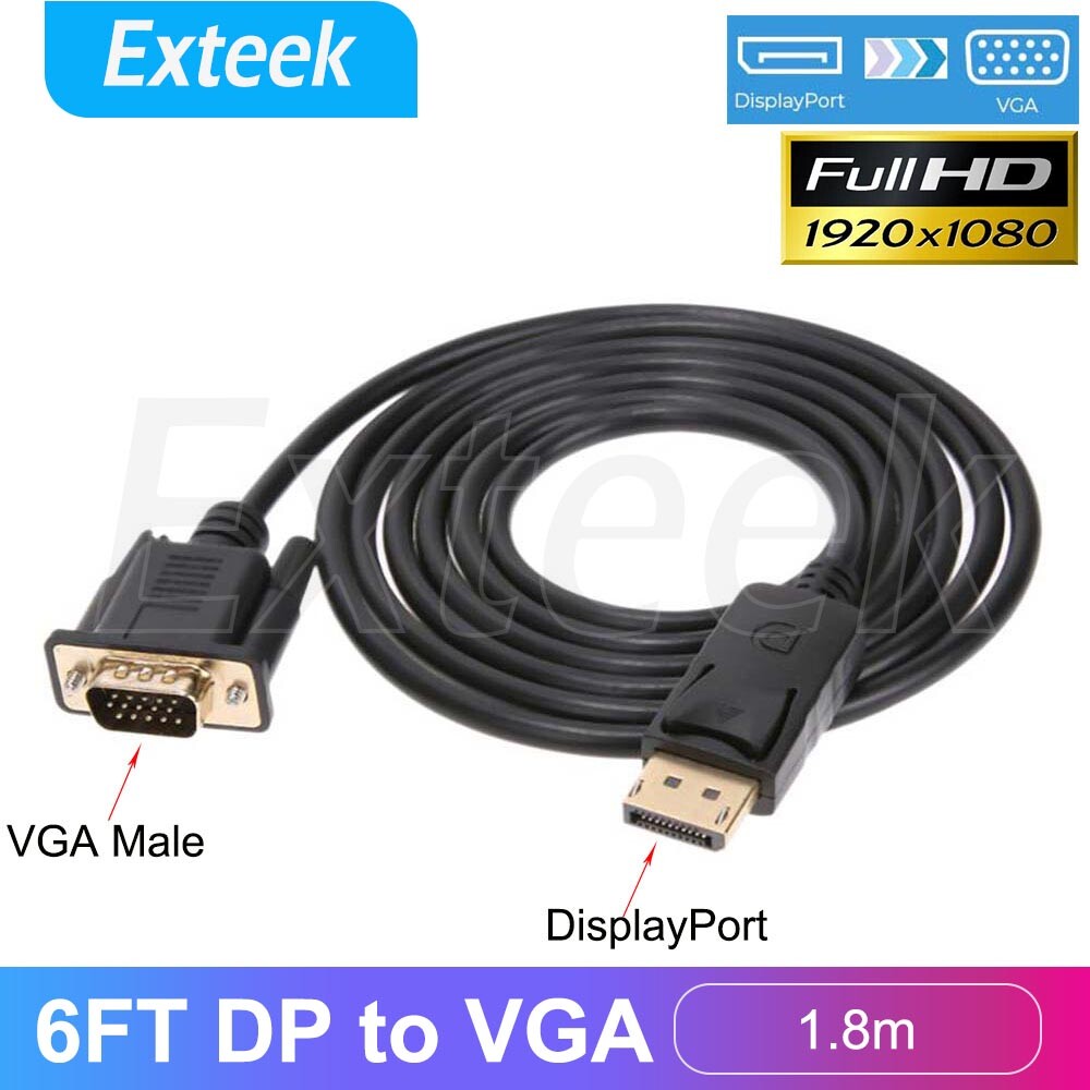 DisplayPort DP Male to VGA Male Cable 1.8m 1080p Full HD Video Converter PC