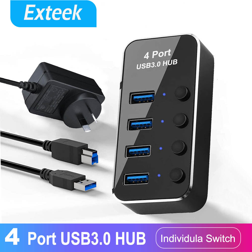4 Port 3.0 Hub/Splitter Powered 5Gbps On/Off Switches Power Adapter Universal 5V