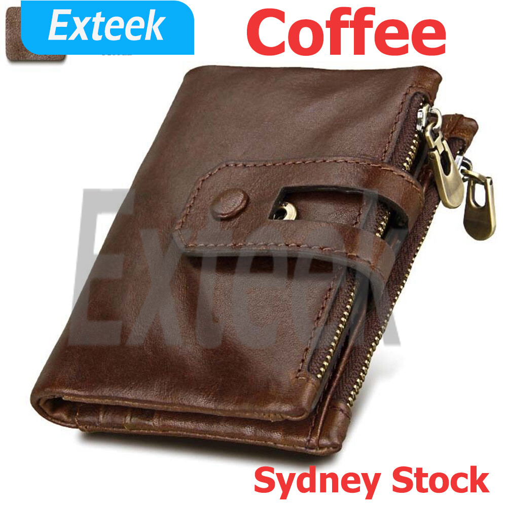 RFID Blocking Genuine Leather Trifold Short Wallet Coffee Credit ID Card Cash