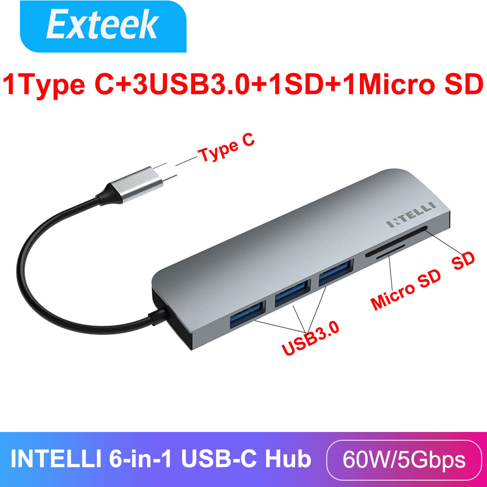 INTELLI 6-in-1 USB-C Hub Micro-SD/TF Card Reader PD Charging USB3.0 Grey USB-A