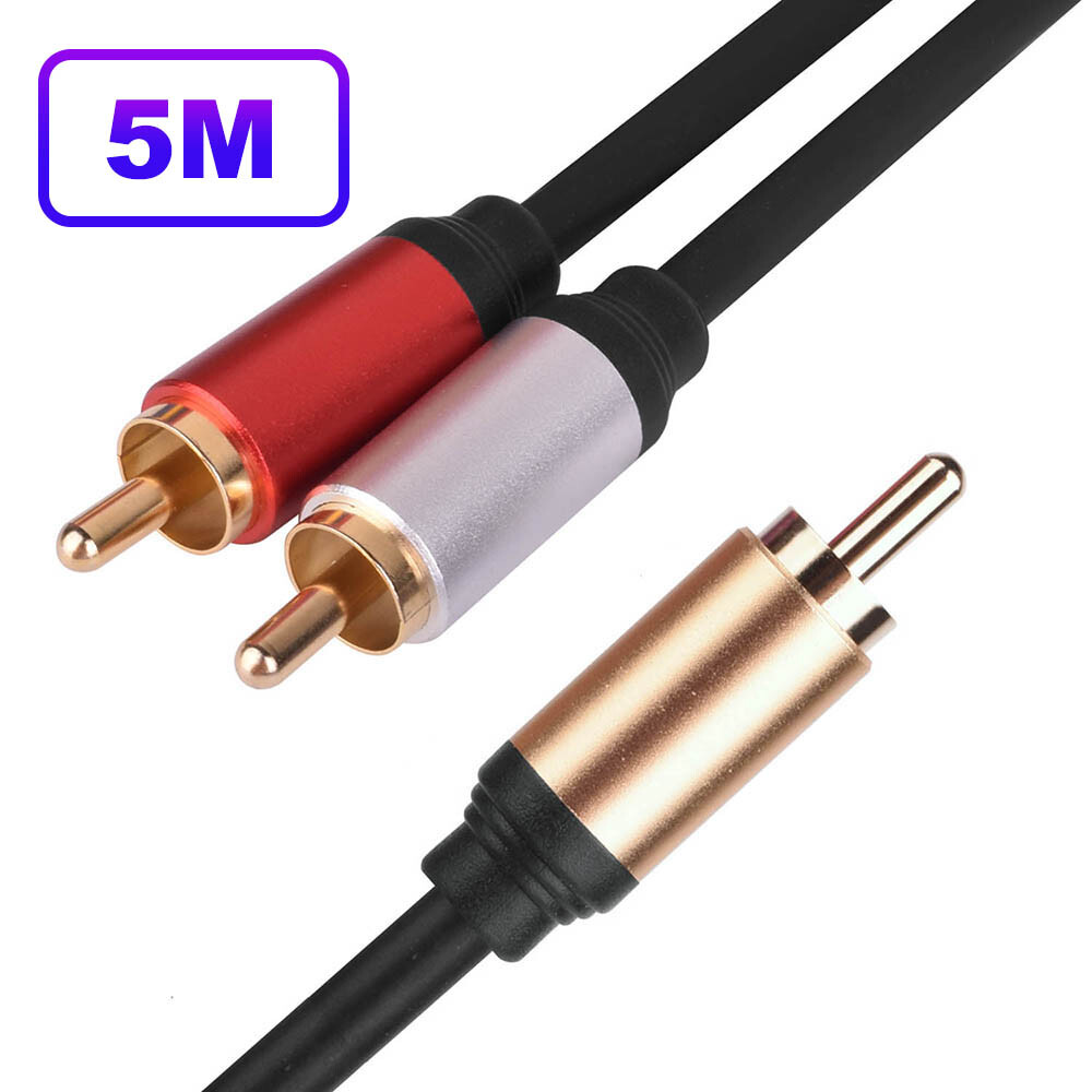 5m 1RCA to 2RCA Subwoofer Cable RCA/Phono Male Shielded Audio Lead Gold Plated
