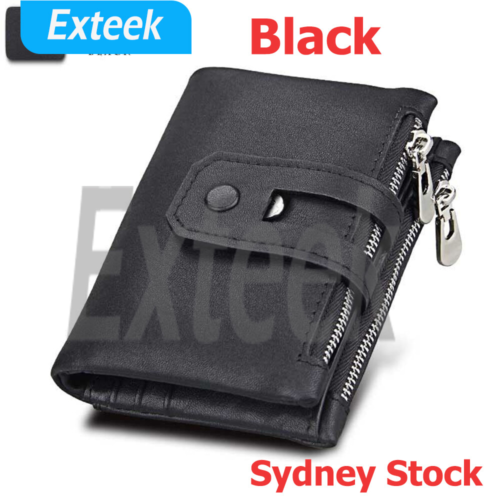 Mens Genuine Leather Handmade RFID Trifold Wallet Black Money Clip 12cm Pocket
