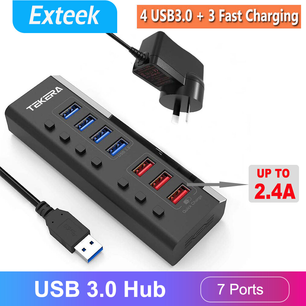 TekEra USB 3.0 7 Port Hub 4 Data Ports 3 Smart Charging Ports Powered 36W Black