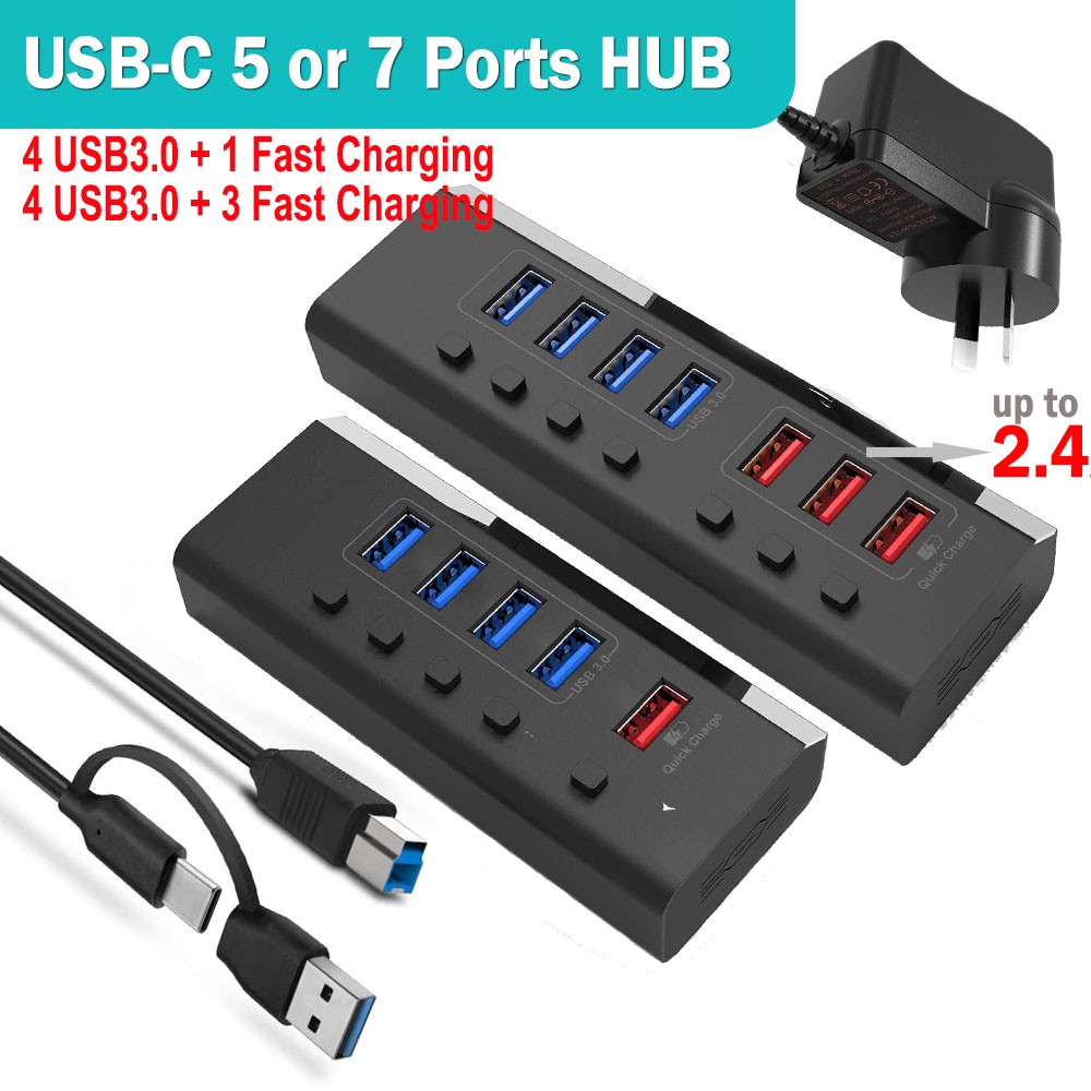 TekEra USB-C 7 Ports Hub Powered USB 3.0 fast charging On/Off Switches Adapter
