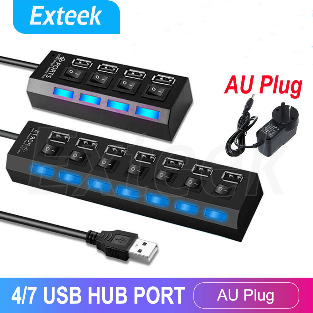 4/7 Port USB 2.0 Powered Hub SAA AU AC Adapter 1A 50cm High Speed ON/OFF Switch