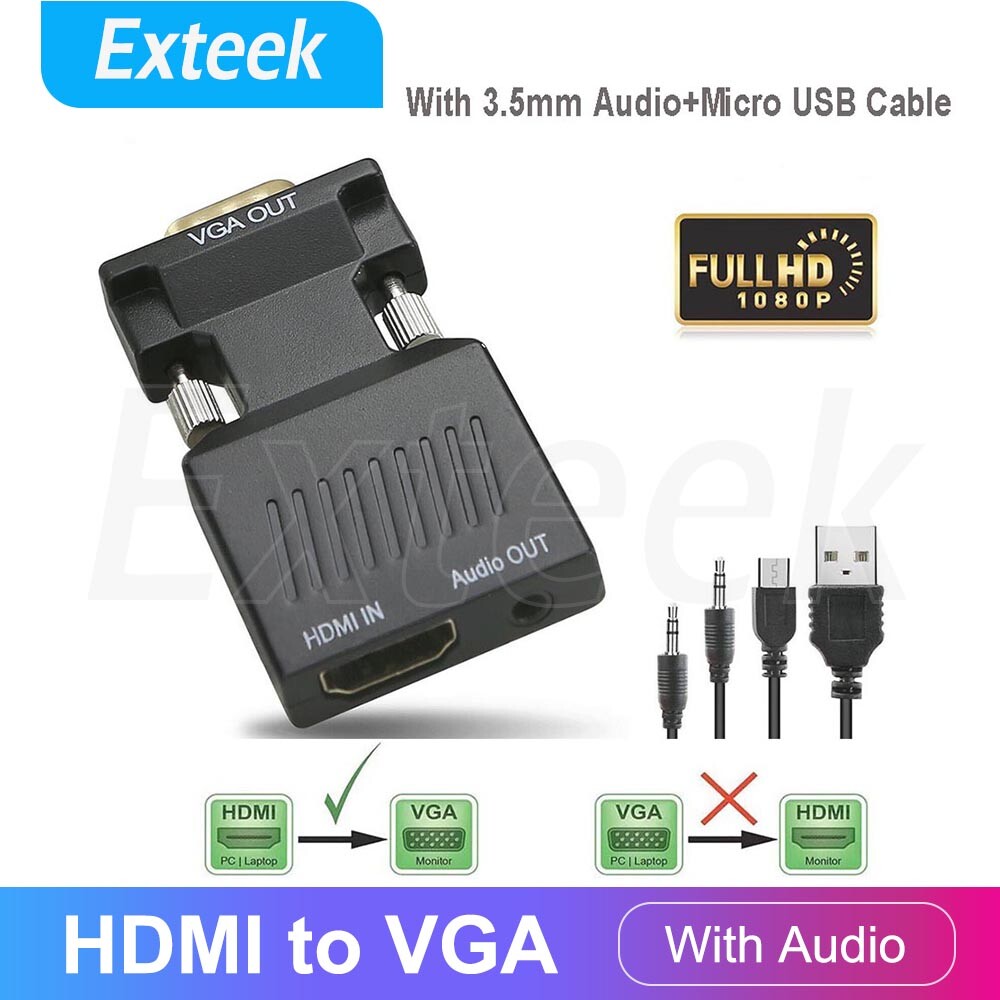 HDMI Female To VGA Male Converter Adapter Audio HD 1080P 3.5mm Cable USB Power