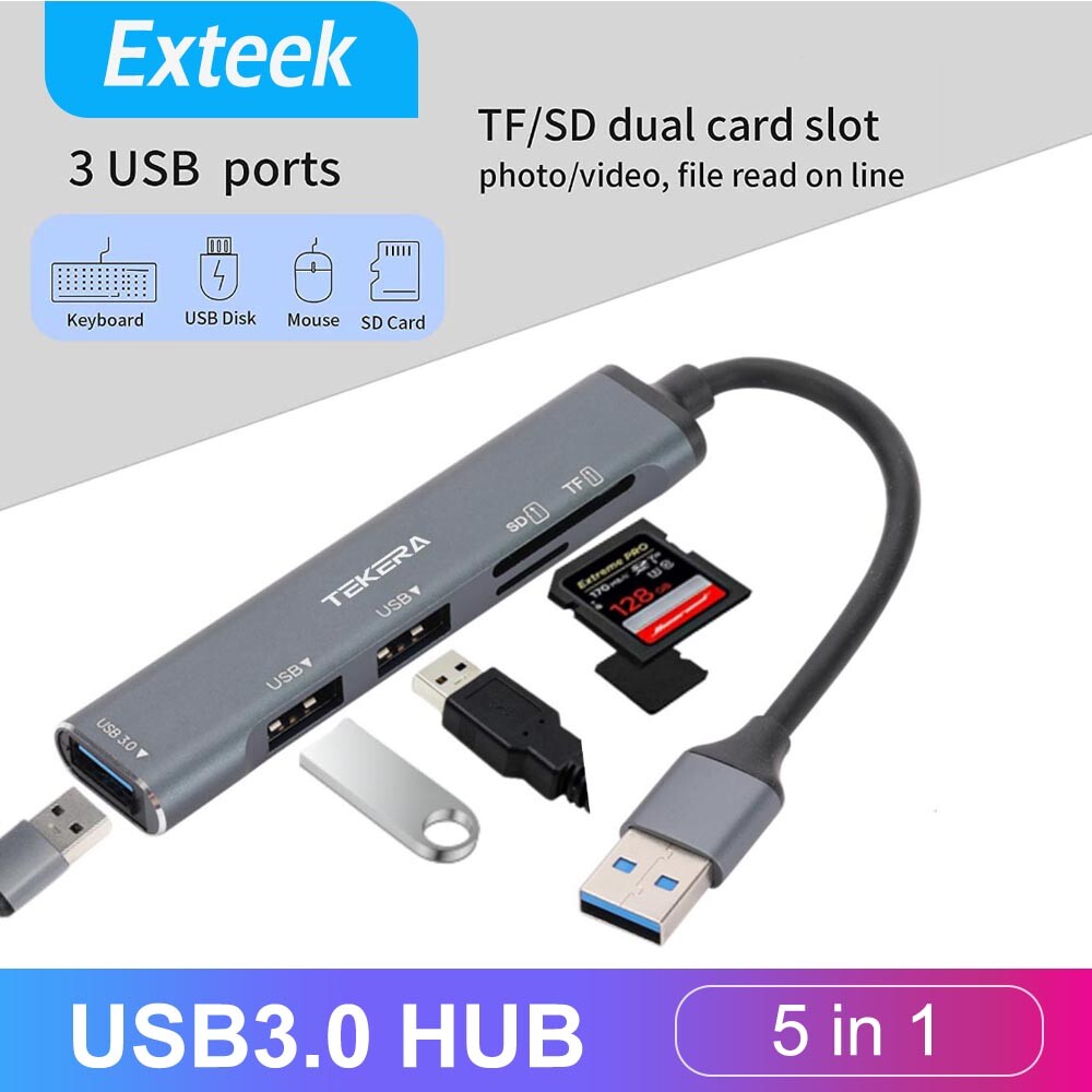 Portable USB 3.0 5 Ports Hub SD TF Card Reader USB-A Adapter Black 5Gbps 15 cm