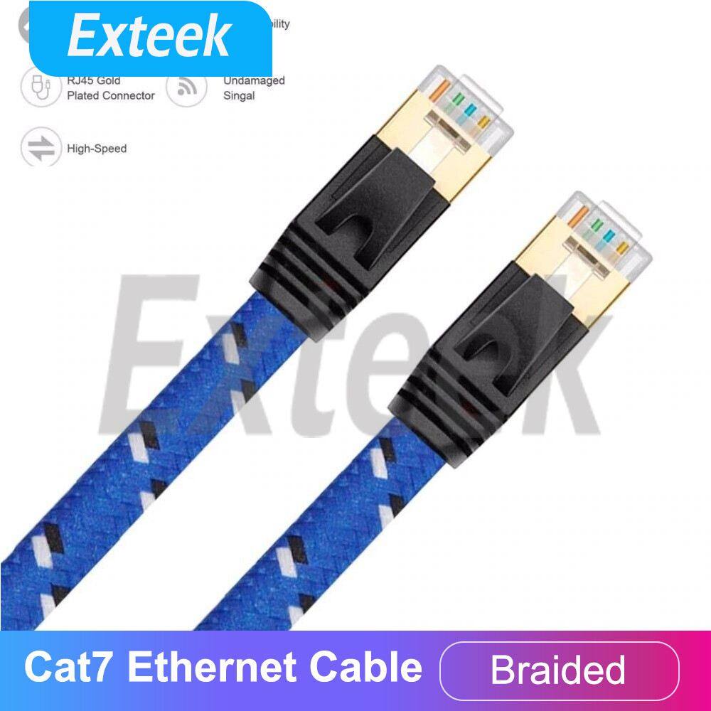 Network Cat7 Ethernet Cable RJ45 Flat Shielded Braided Blue 1M Fast Patch Lead