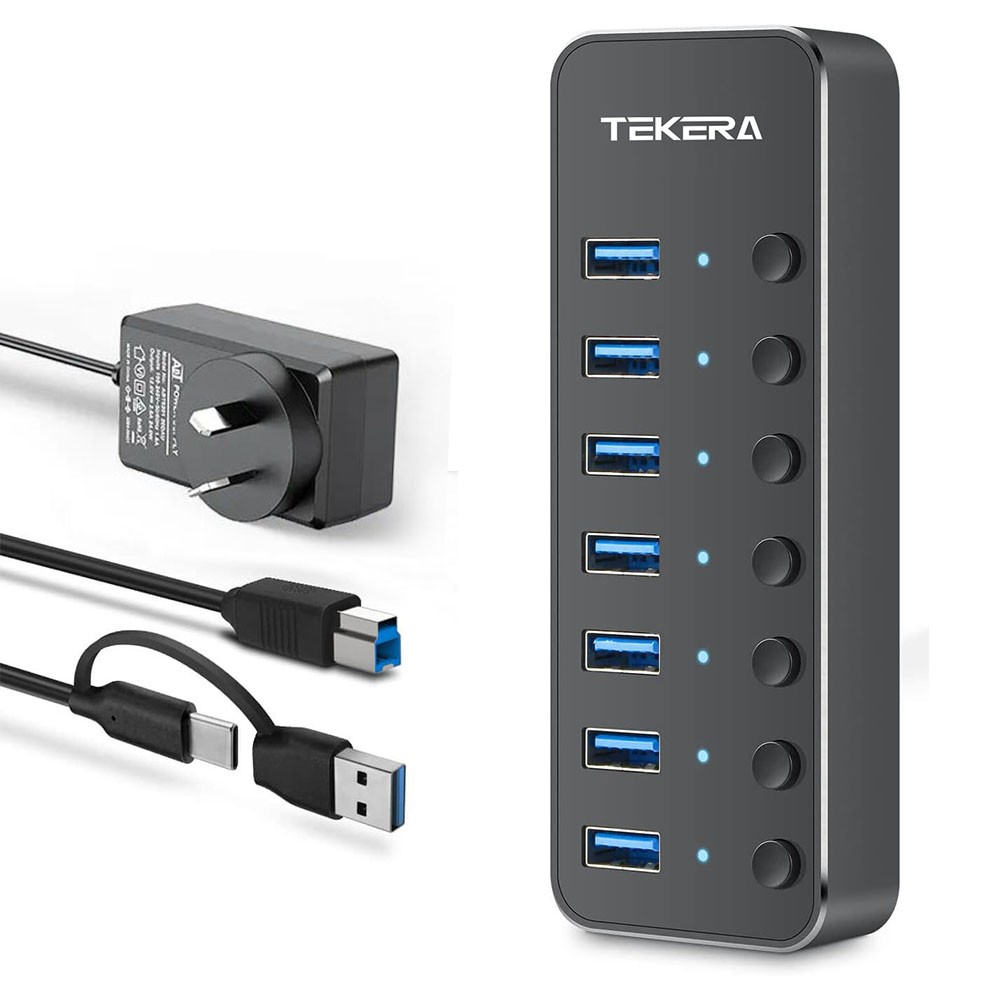 TEKERA 7-Port USB-C Type-C Hub 5Gbps Powered USB 3.0 Black Power Switches
