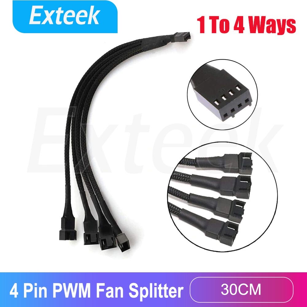 4-Pin PWM Fan Y-Cables 1 To 4 Way Splitter 30cm Black Universal Extension Cable