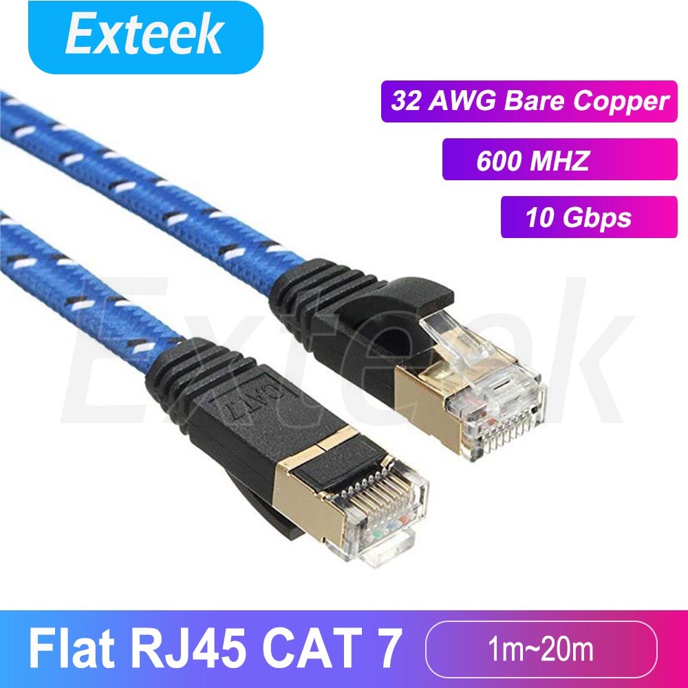 CAT7 Ethernet RJ45 Network Cable 1m Blue Flat Shielded 10Gbps LAN Pure Copper
