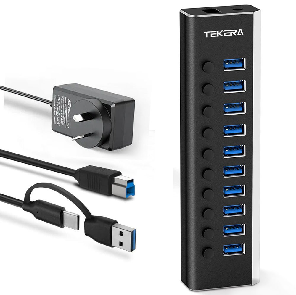 TEKERA 3.1 USB-C Type-C Hub 10 Port Powered 5Gbps Black Aluminum Alloy USB 3.0
