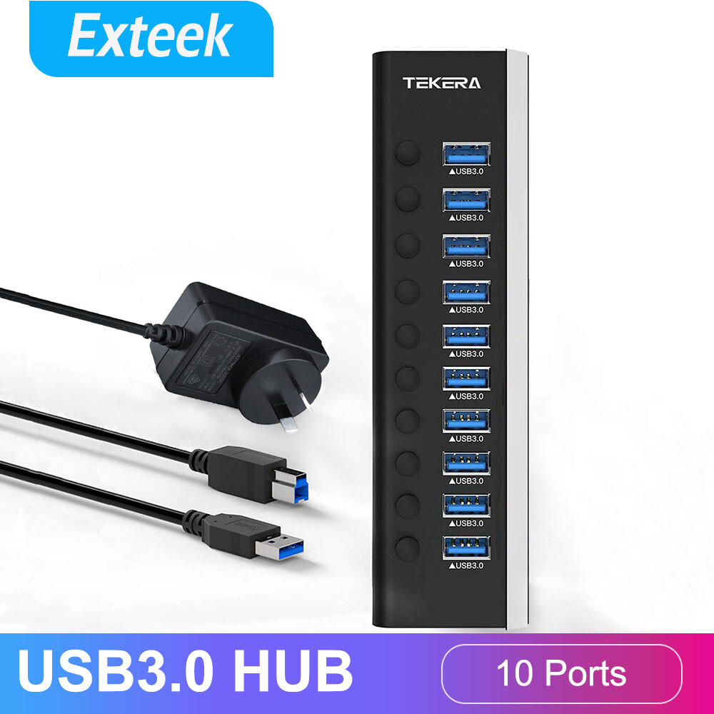 TEKERA 10 Port USB 3.0 Hub Powered Aluminum On/Off Switches 5Gbps Power Adapter