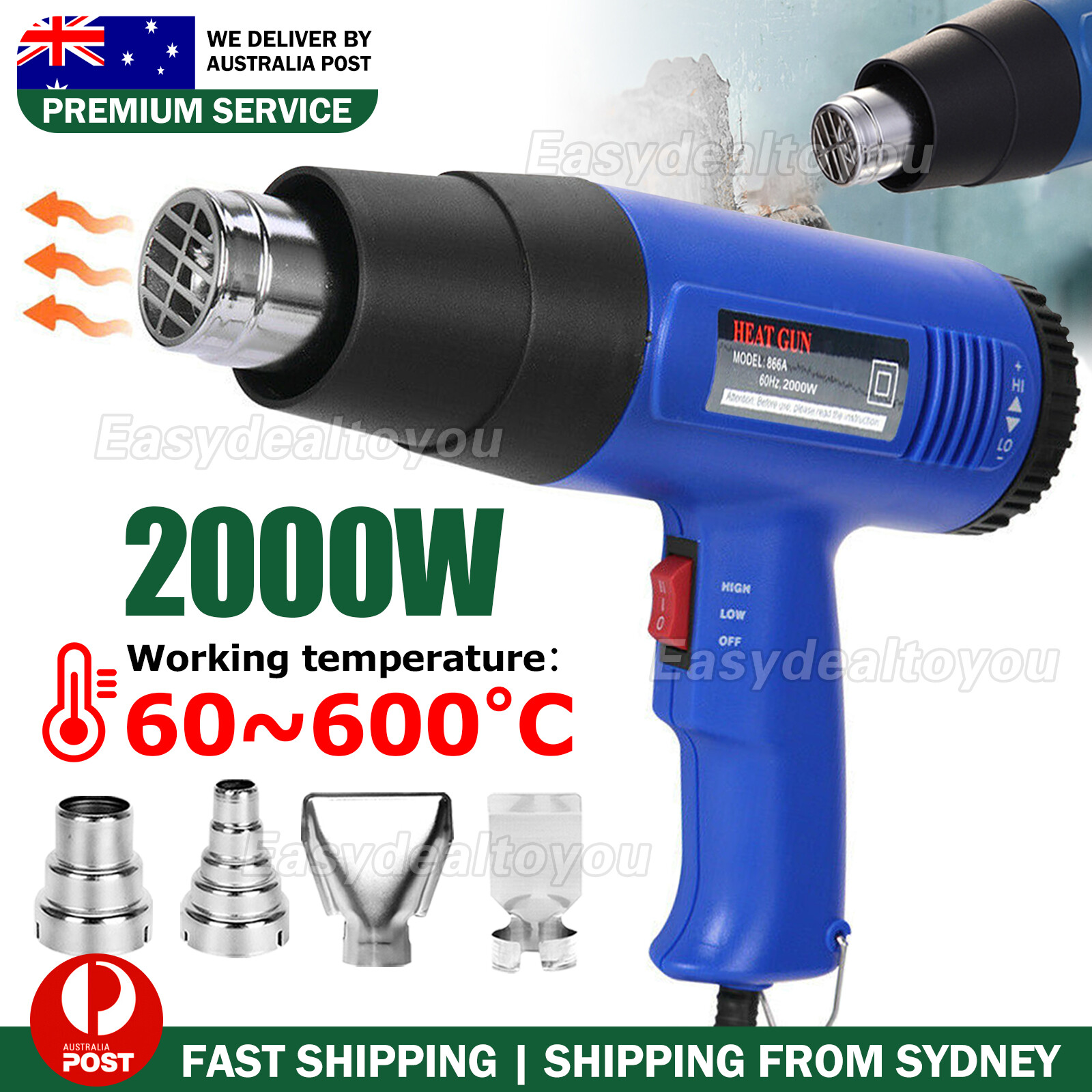 220V 2000 W Electric Heat Gun LCD Digital Temperature Hot Air Tool Black Nozzles