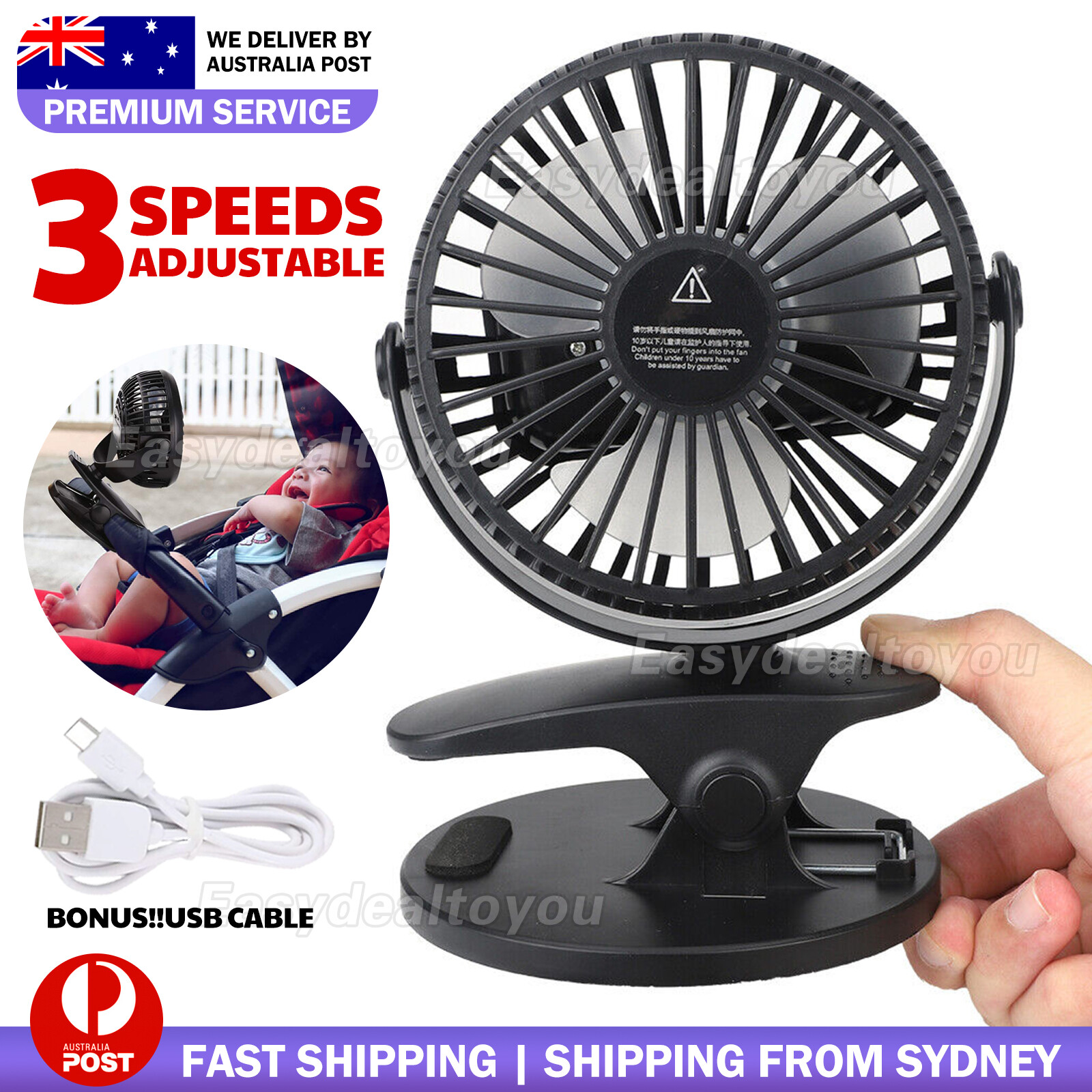 Portable 360 Mini Fan USB Rechargeable Clip On Desk Pram Car Black ABS 17CM