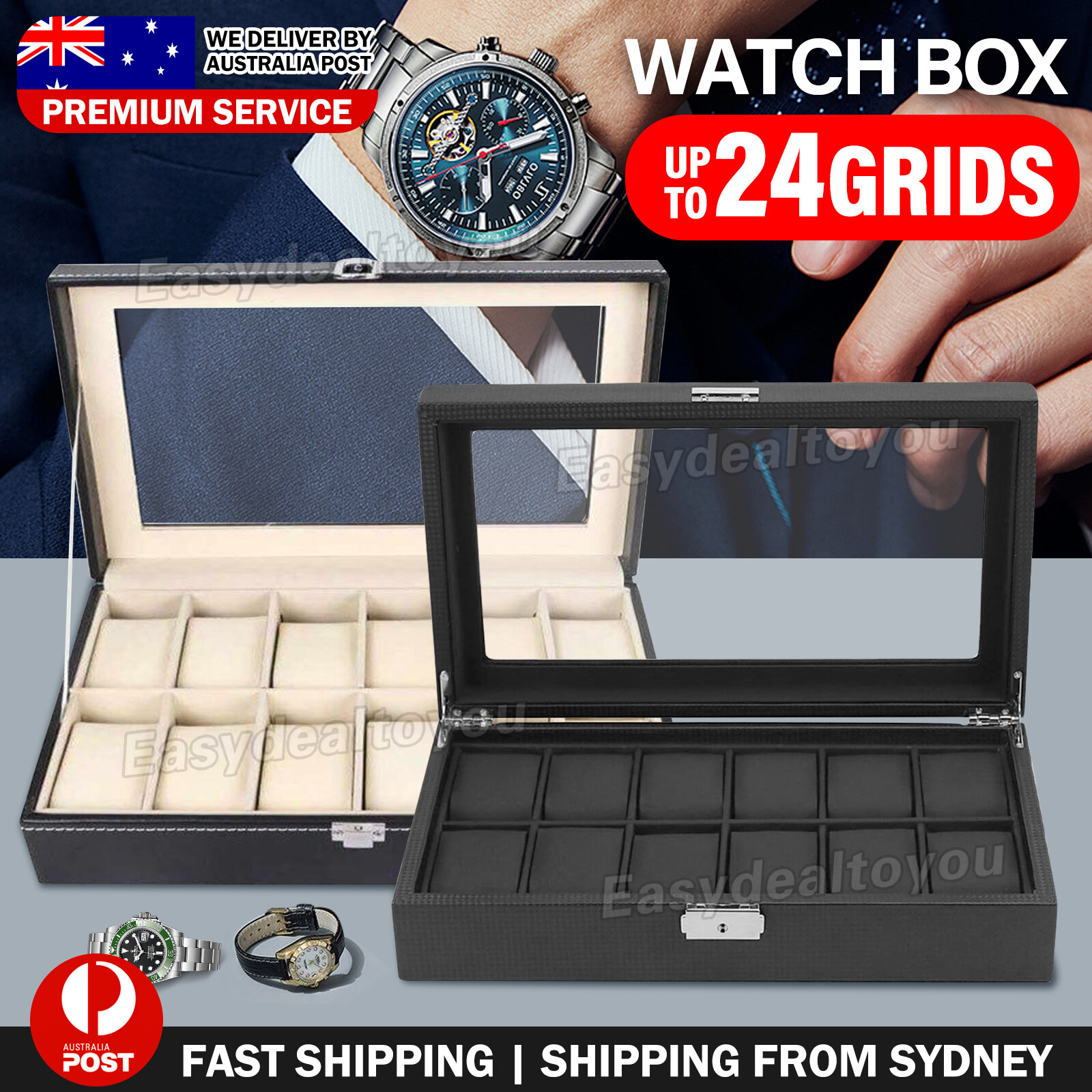 VOVOWOO 6 Grids-Carbon Fiber Watch Box Organizer Case Black Leather Portable