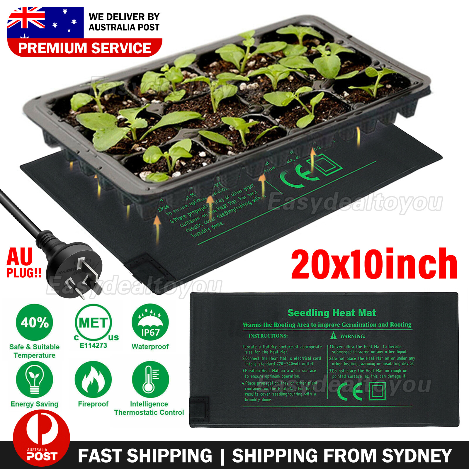 VOVOWOO Seedling Heat Mat Waterproof Black 20x10inch Plug 120-240V Germination