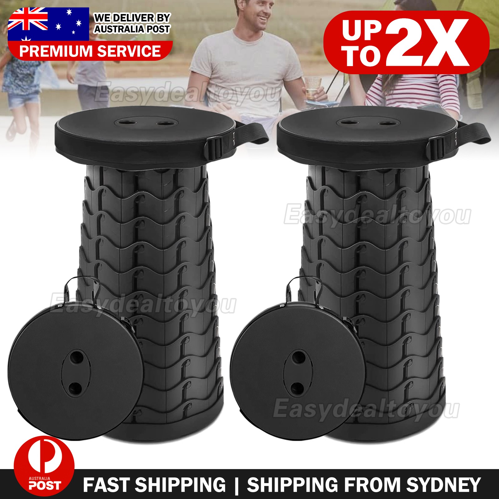 Portable Retractable Folding Stool Black 140KG Camping Travel Chair PA66 25.5CM