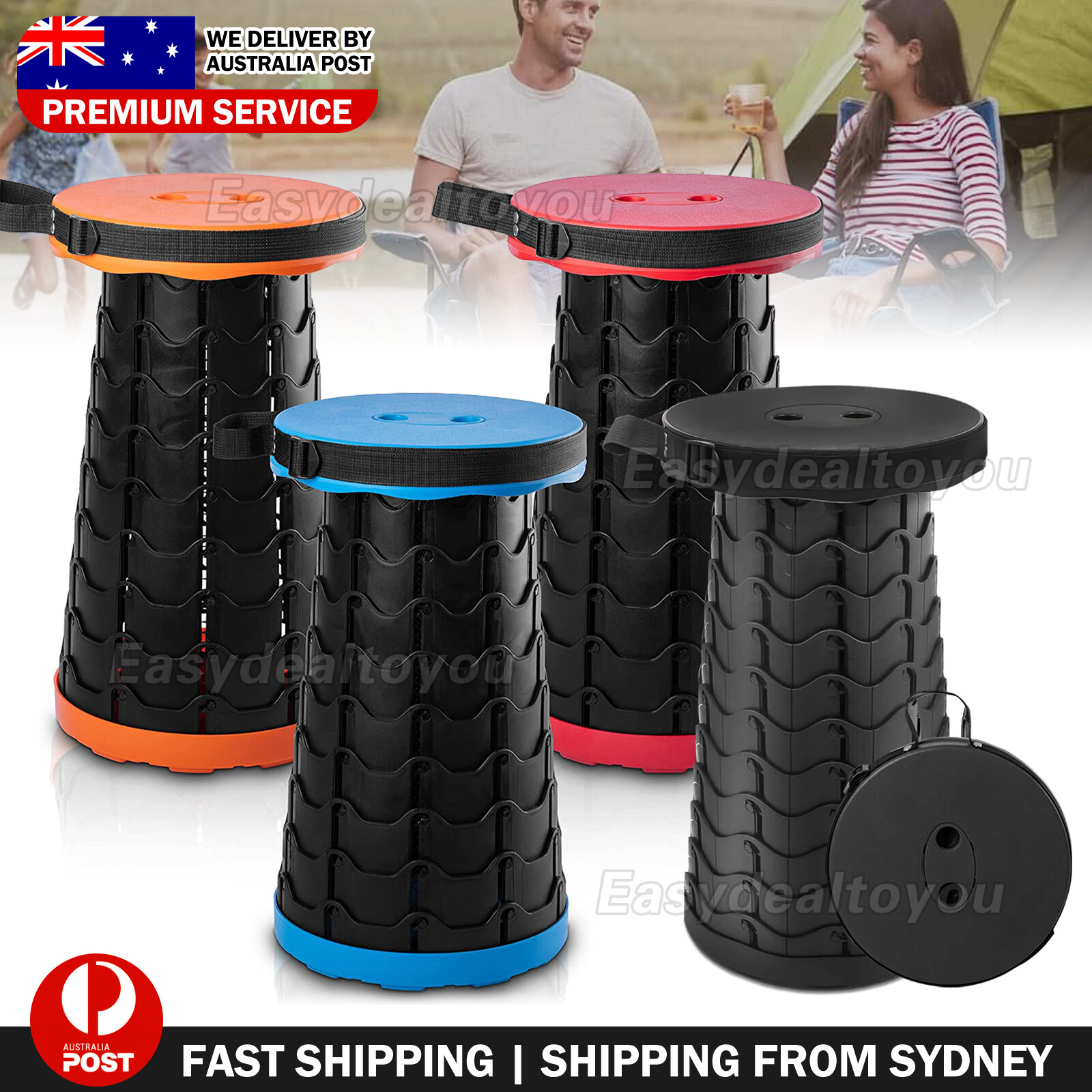 Folding Stool Portable Retractable Telescopic Camping Fishing 140KG Black PA66