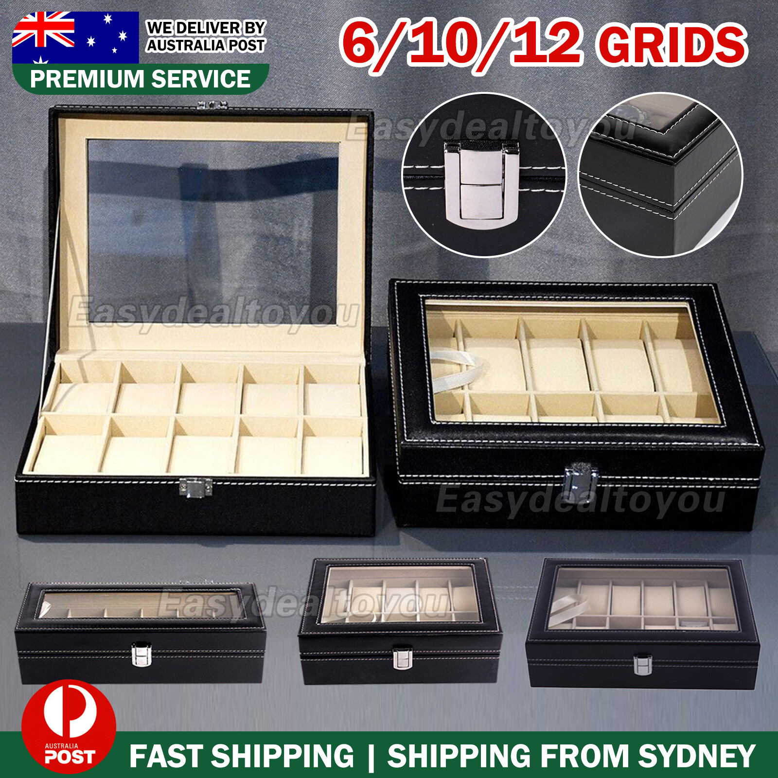 6 Grids PU Leather Watch Box Organizer Case Black Jewelry Display Storage