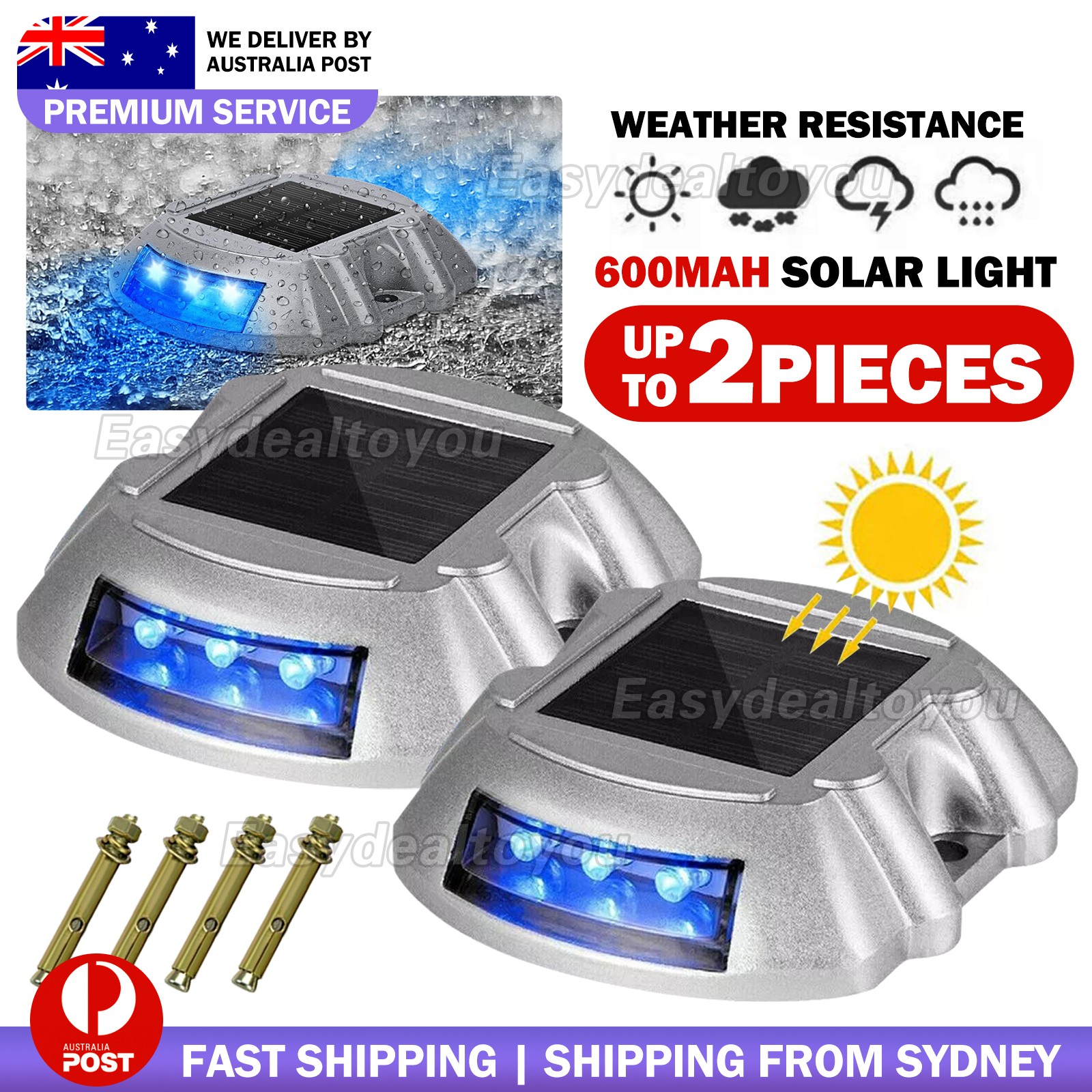 VOVOWOO Solar Driveway Dock Lights Blue LED IP68 Waterproof Cast aluminium 1Pack