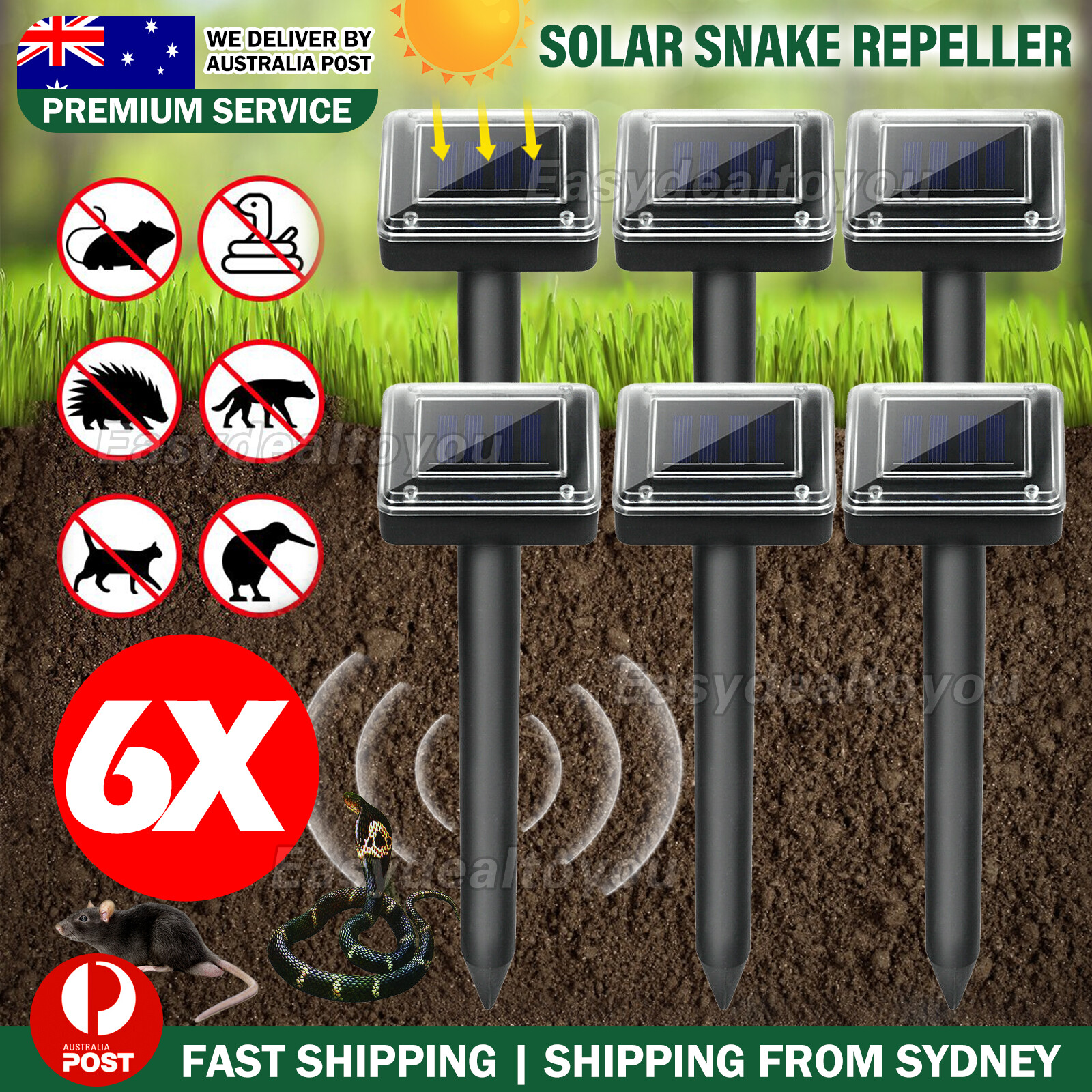 VOVOWOO 6X Solar Ultrasonic Snake Repeller Rodent Mole Waterproof Black 6pcs