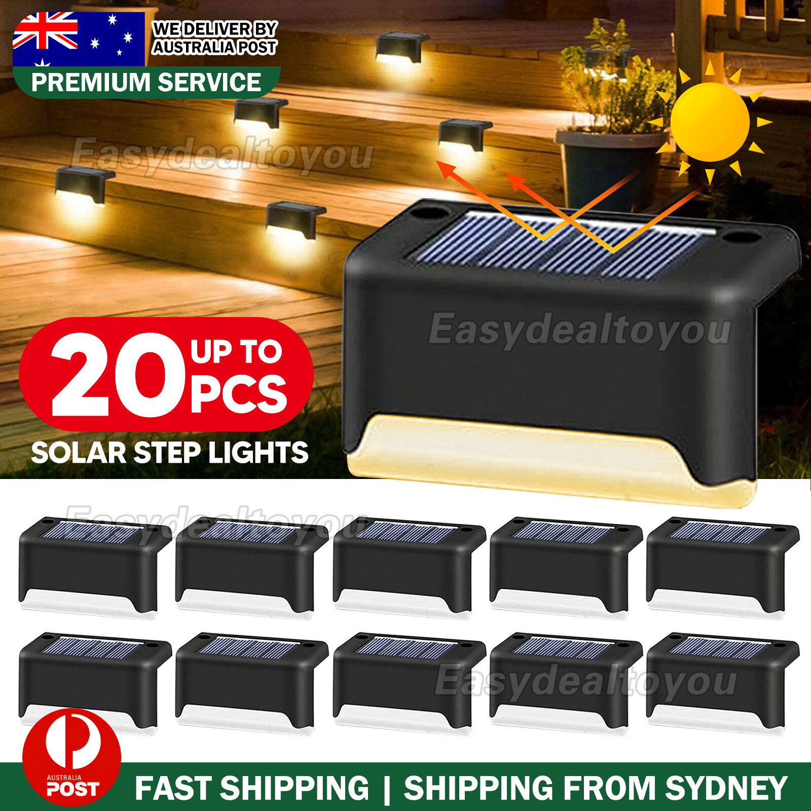 Outdoor Solar LED Fence Lights Garden Pathway Black Warm White IP44 4PCS Plastic