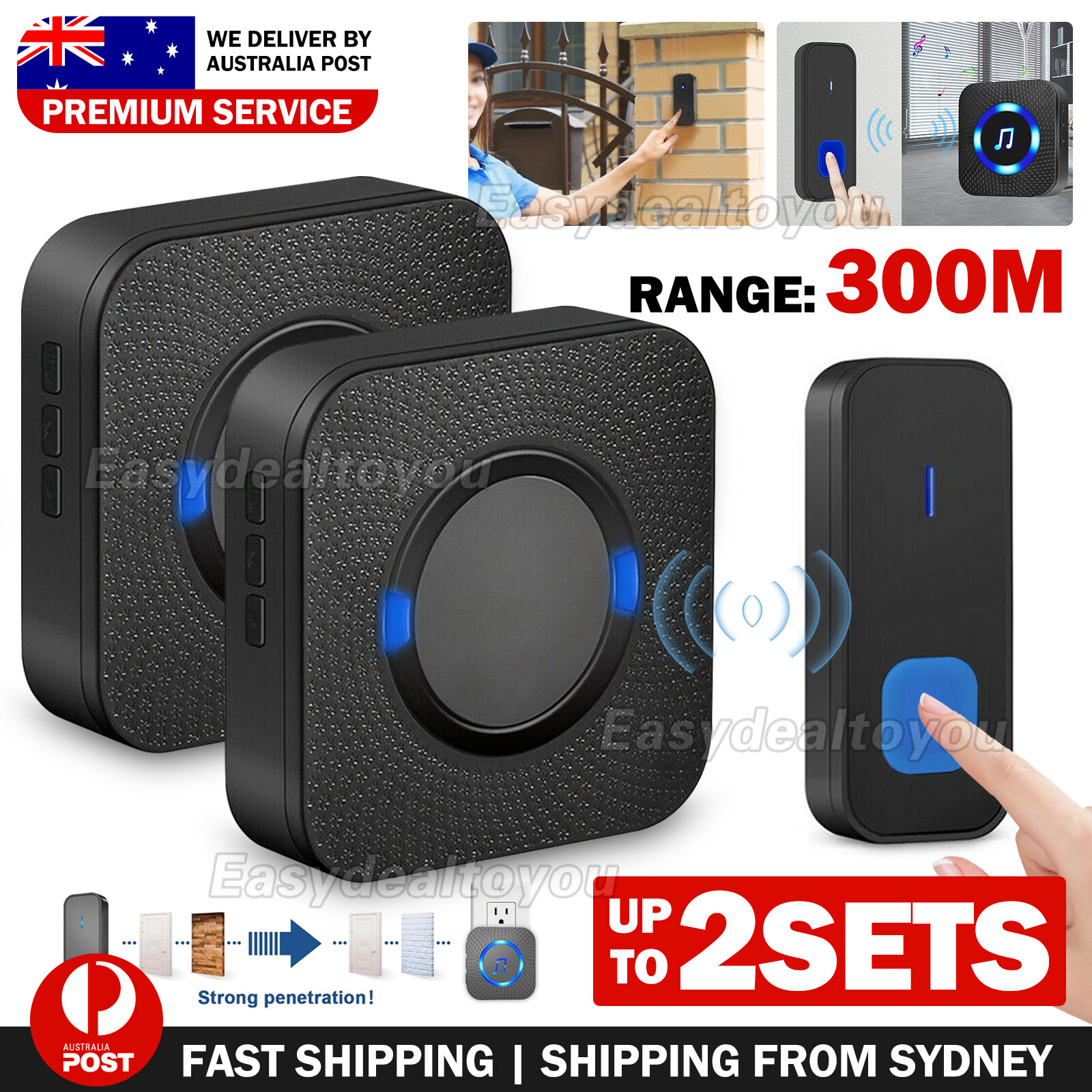 Wireless Doorbell Kit 2 Plugin Receivers 300M Long Range IP55 Waterproof Black