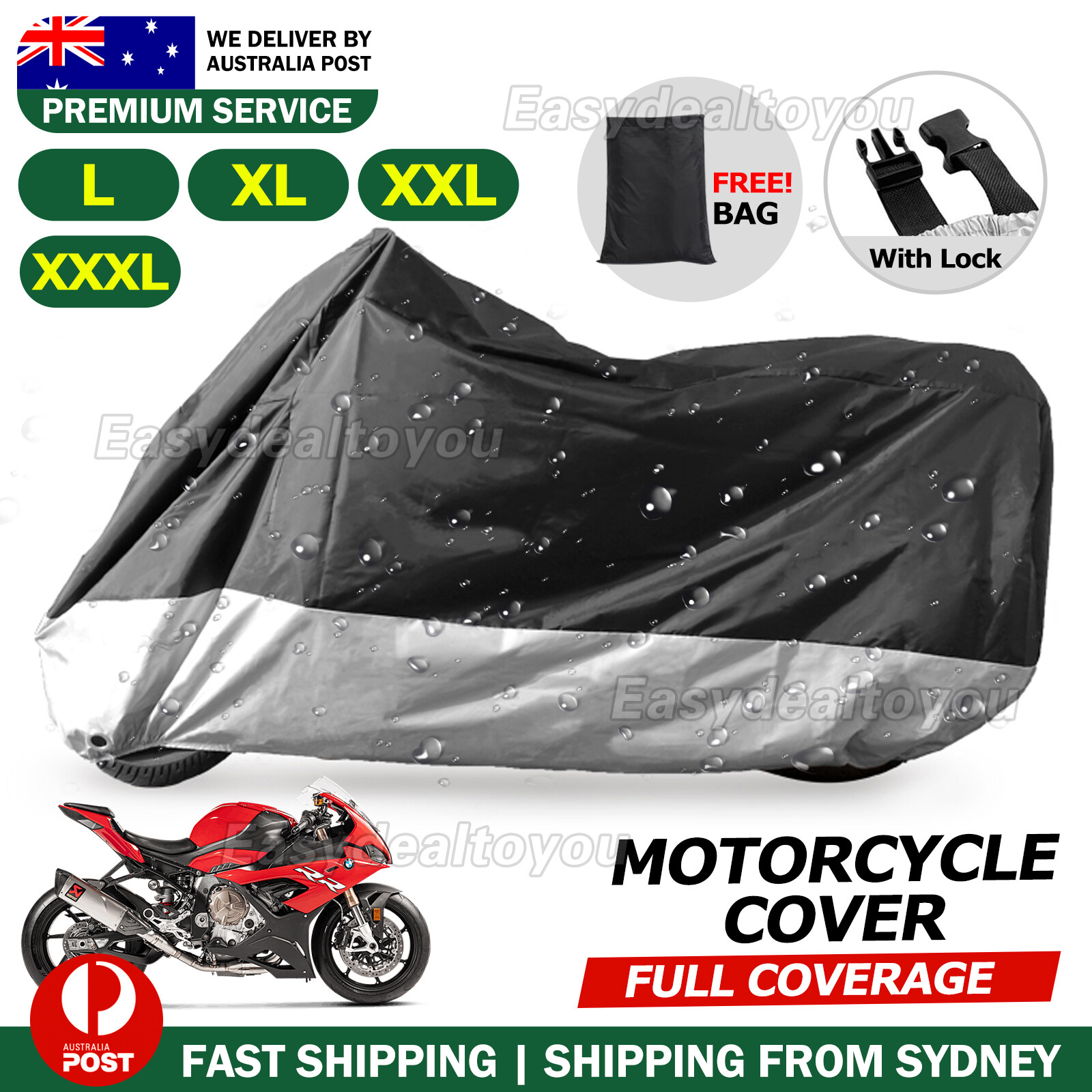 Large Waterproof Motorcycle Cover 190T PU Black 220cm Dustproof UV resistant