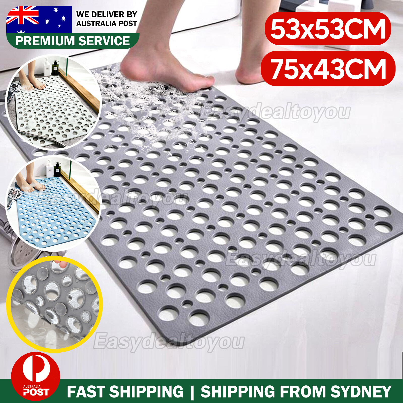 VOVOWOO TPE Bath Mat Non-Slip Shower Bathtub Suction Grey Rectangle 53x53CM