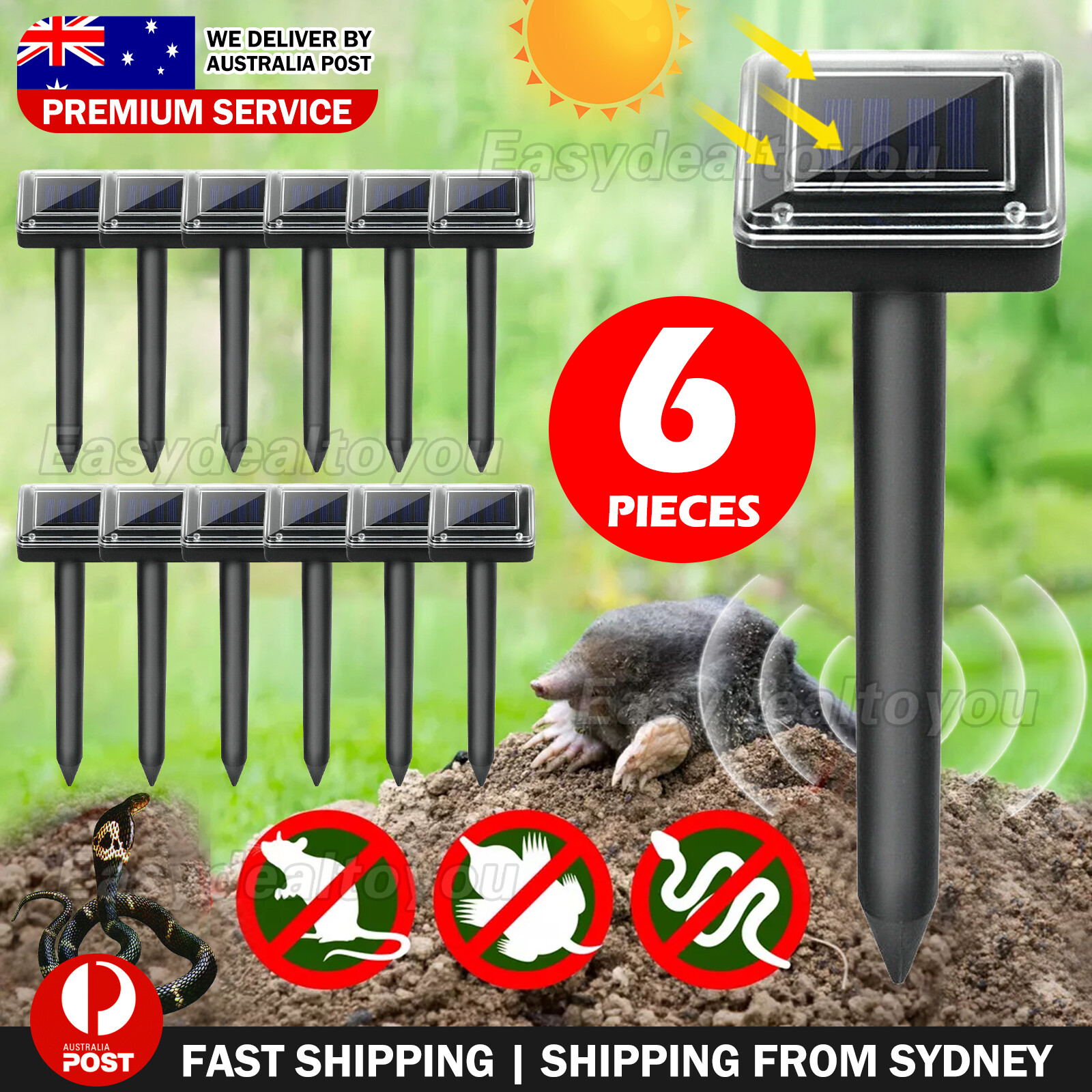 6PCS Solar Ultrasonic Snake Repeller Multi Pulse Waterproof Black Rodent Mole