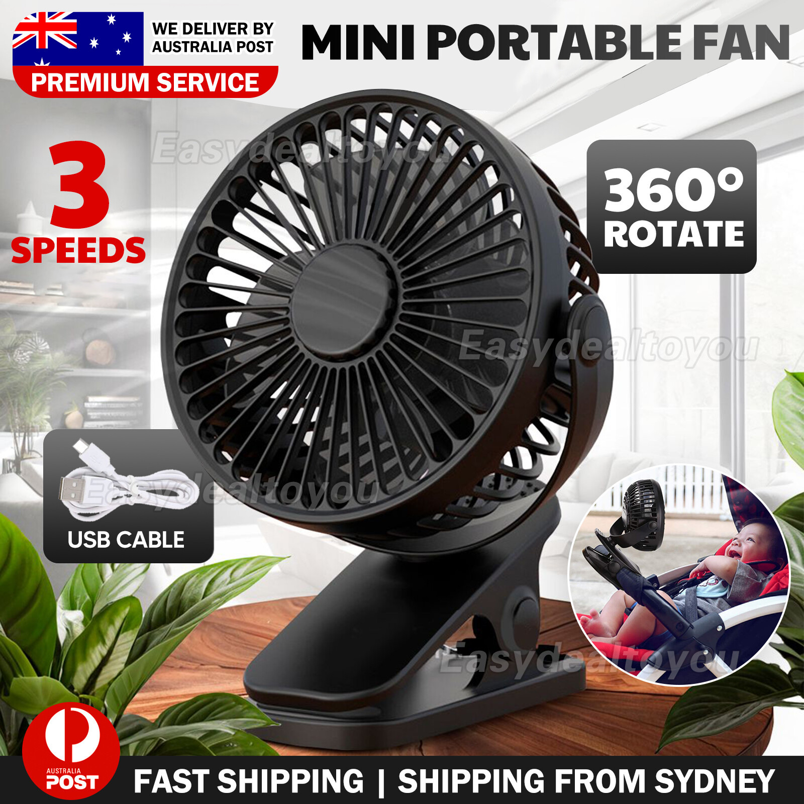VOVOWOO Portable 360 Mini USB Clip Fan Pram Desk Rechargeable Black 17CM 11.5CM