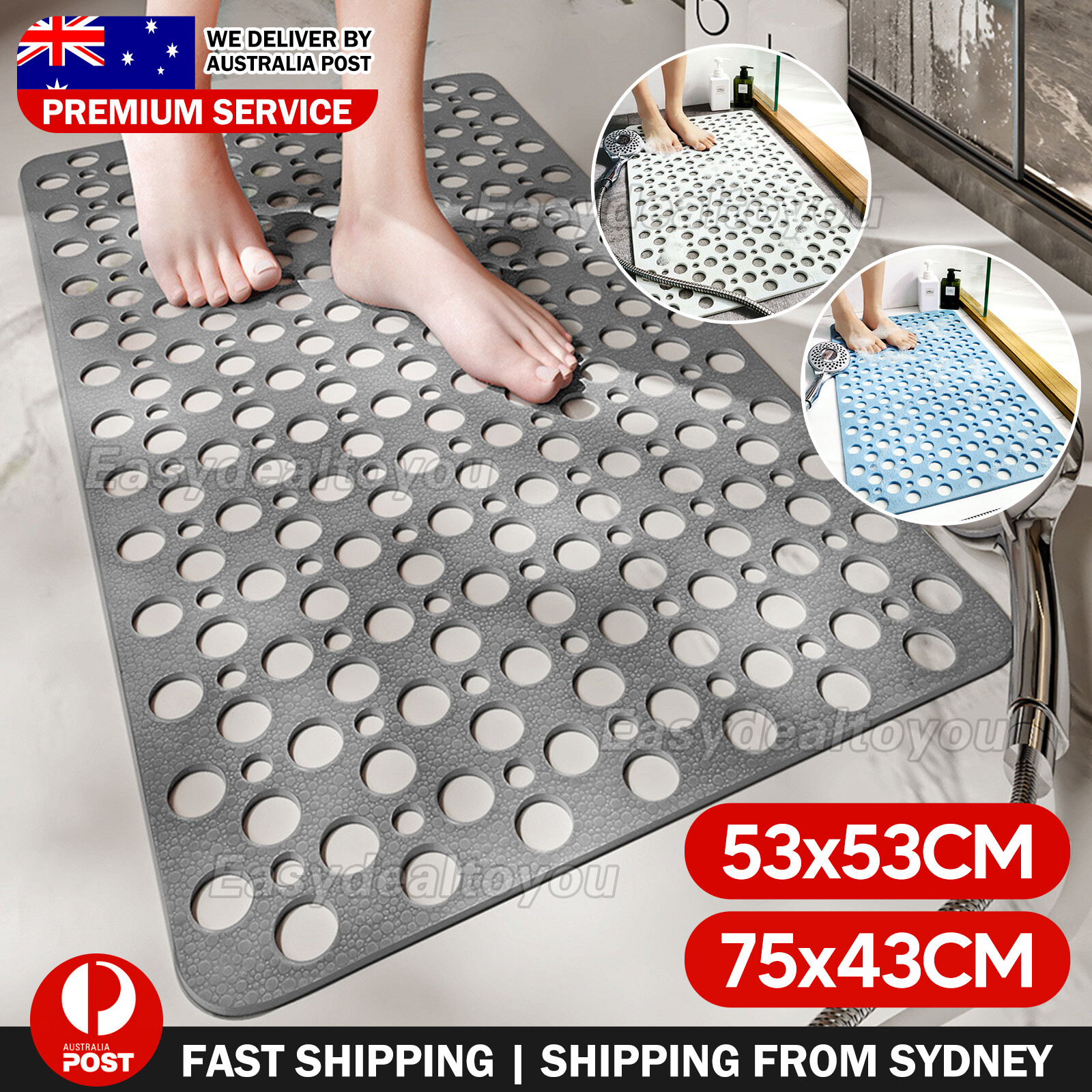 VOVOWOO TPE Non-Slip Shower Bath Mat Grey 53x53CM Suction Cup Anti Mould Floor